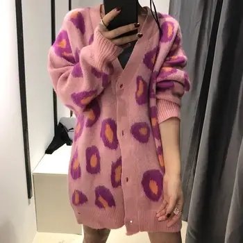 

Fall Women Loose Single Breasted Knitting Cardigans V Neck Long Sleeve Long Sweater Print Pink Leopard Sweater Cardigans