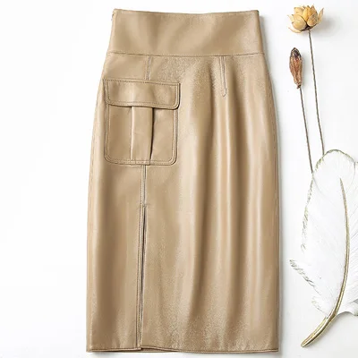 beige RY9332 зима для женщин высокая талия натуральная кожа 70 см длинные юбки леди синий/черный Сплит Сексуальная обёрточная бумага Saias OL карандаш макси юбка - Color: beige