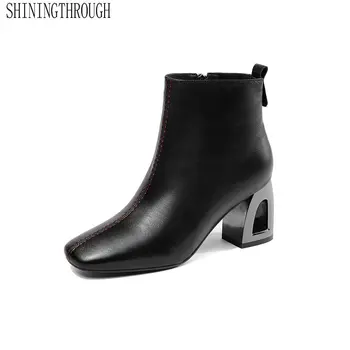 

Genuine Leather Top Quality Women Ankle Boots High Heels Zipper Ladies Shoes Woman Square Toe Comfort Basic Boots