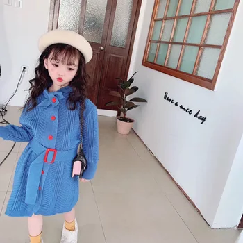 

Spring Autumn girls long sweater Baby knitted dress kids opener clothes Children knitwear bow lacing buckle waist 4 to 12 yrs