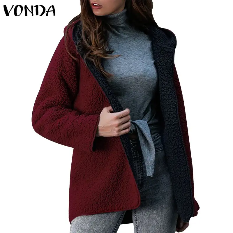VONDA женские осенние пальто из искусственного меха зимние пальто с капюшоном куртки длинный рукав толстый флисовый кардиган пальто плюс размер 5XL