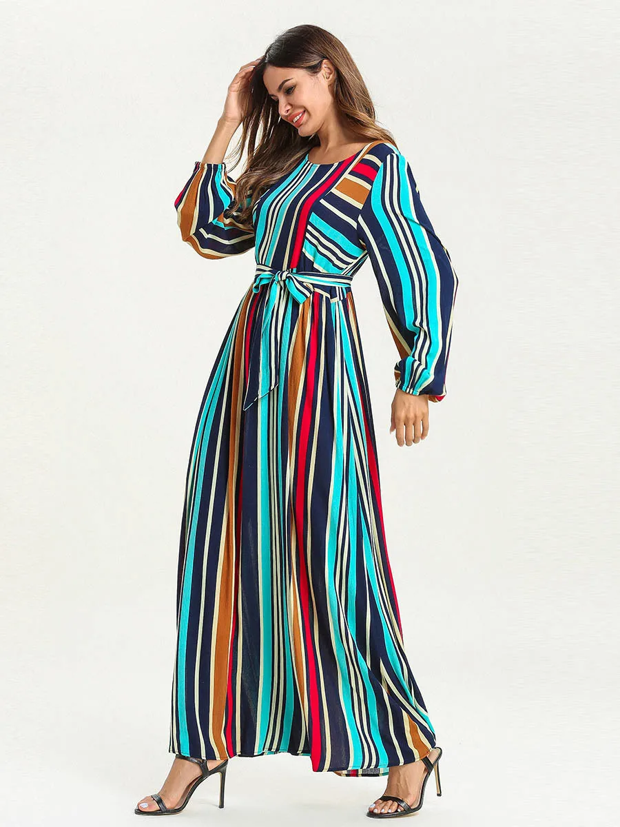 2019 Модное детское разноцветное Полосатое платье с поясом и пышными рукавами для девочек повседневное мусульманское платье