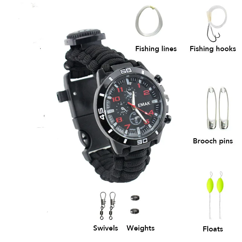 

7 in 1 Outdoor Camping Watch Multi-functional Emergency Tools kit Survival Watch Compass Whistle Fishing Kit Paracord Bracelet