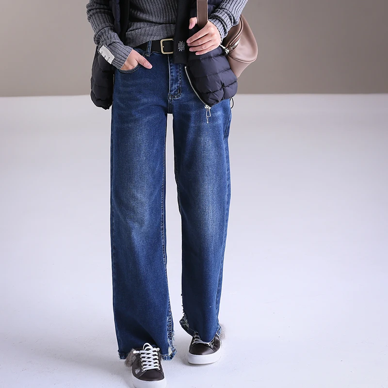 Blue (fleece) MICOCO N2910 Корейская версия мелкого цвета делает старые большие прямые трубы languid is lazy show тонкие флисовые широкие джинсы - Цвет: Blue (fleece)