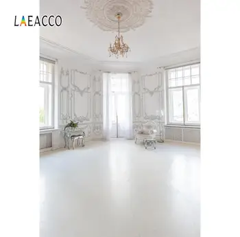 

Laeacco French Window White Chic Wall Curtain Chandelier Sofa Leaves Portrait Photography Background Photo Backdrop Photo Studio