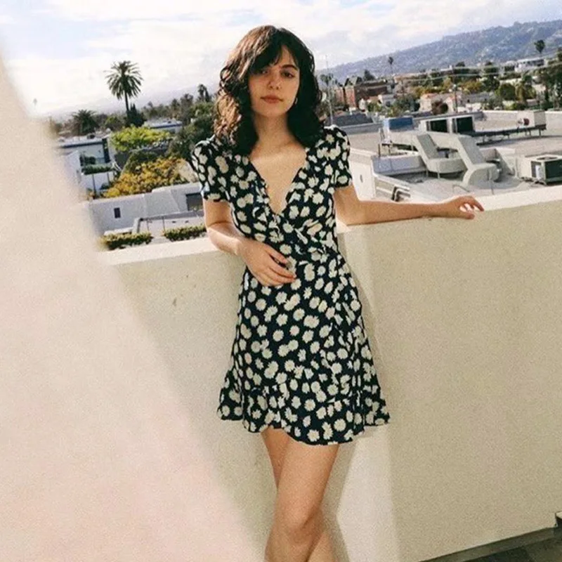 

Summer new women's daisy high waist printed dress short sleeve ruffled lace floral girls temperament skirt