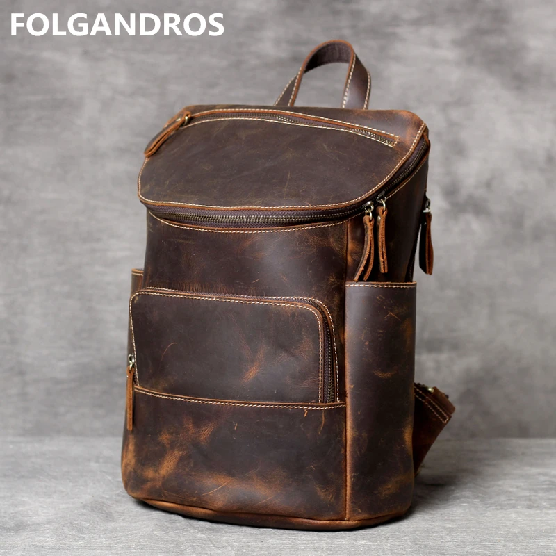 

Men's Vintage Crazy Horse Leather Backpack Brand Designer Thick Cowhide Shoulder Bag Handmade Original Backpack for Male