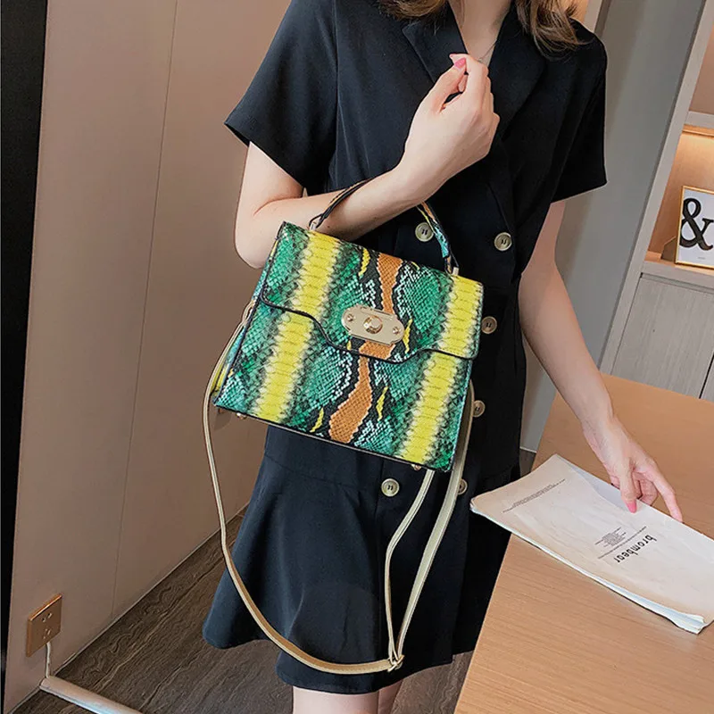 Модная винтажная Высококачественная дизайнерская разноцветная женская сумка из змеиной кожи, сумка через плечо, универсальный замок, маленькая квадратная сумка