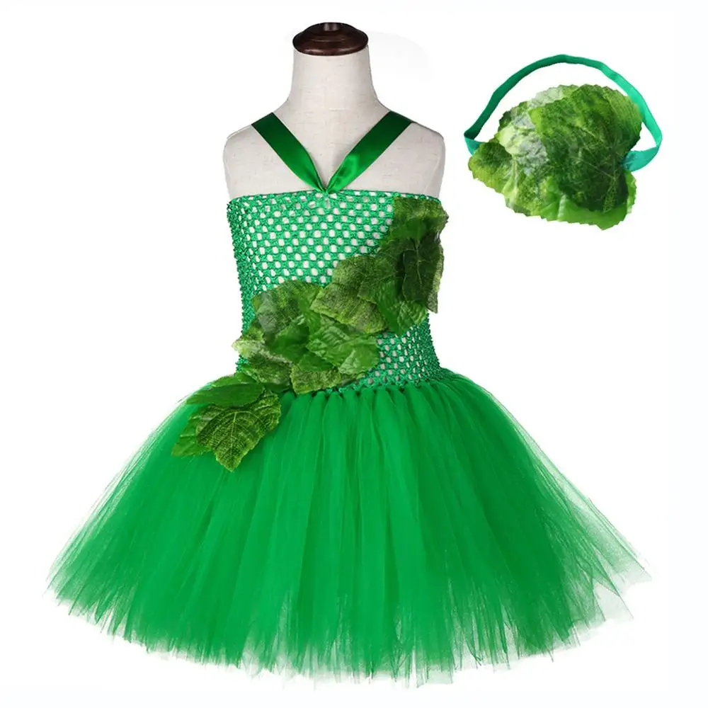 Костюм джинна зеленого леса для девочек; платье-пачка с имитацией листьев; Детский карнавальный костюм до колена с повязкой на голову