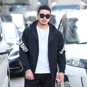 

Big size Men's Wear super Brand Fat Man with Cap Jacket Plus Fat Plus Loose Letter Printing Long Sleeve Windbreaker Coat