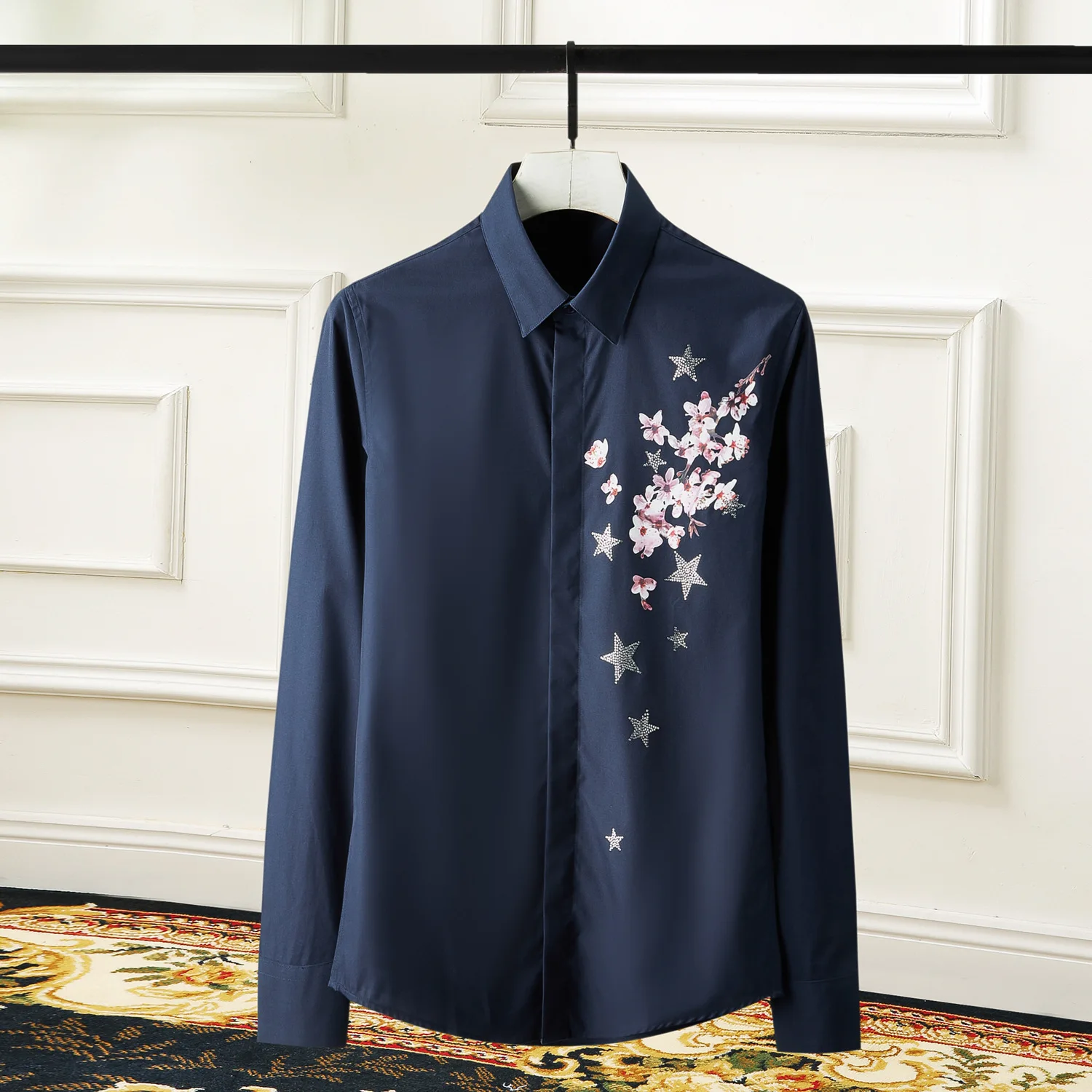 Mens Shirts Luxury Diamond Plum Blossom Printed Long Sleeve Mens Dress Shirts Plus Size 4xl Slim Fit Party Male Shirts