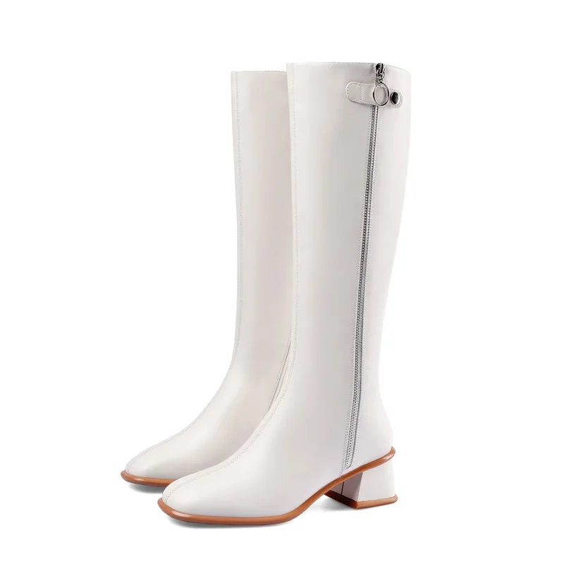 beige ZVQ/Новые модные пикантные зимние сапоги до колена удобная женская обувь из натуральной кожи с квадратным носком на среднем каблуке Прямая поставка - Цвет: beige