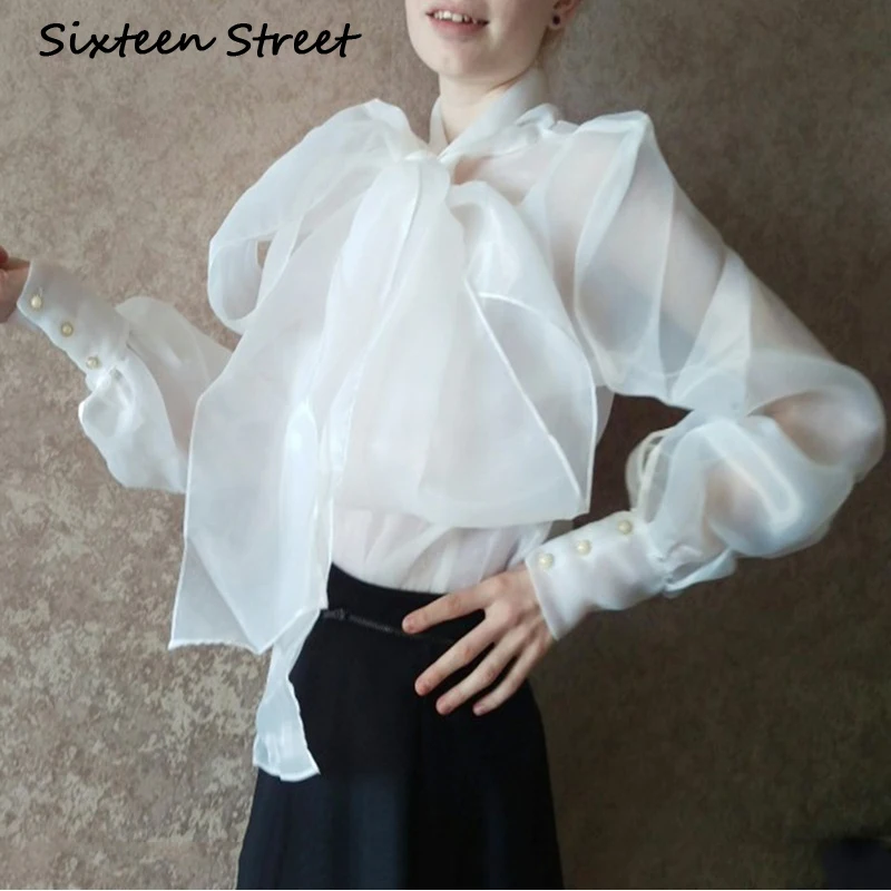 Blusas mujer длинный рукав женщины рубашки женские топы и блузки с бантом шеи черная белая женская блуза, рубашка свободная