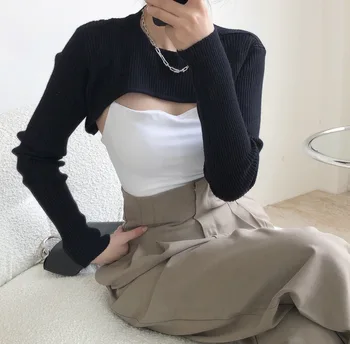 Image of Asymmetrical Knit Cropped Tops Pullover Bolero Shrugs Women Cut Out One Piece Sleeve Tops