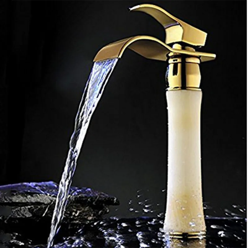 

Full Copper Waterfall Effluent Cold Hot Water Basin Faucet European Gold-plated White Jade Stone Table On Basin