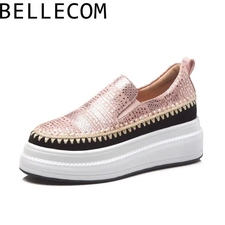 

BELLECOM 2020 Music Shoes Woman Muffin Bottom Thick Bottom Spelling Color Dawdler Shoe One Pedal Spelling Color Genuine Leather