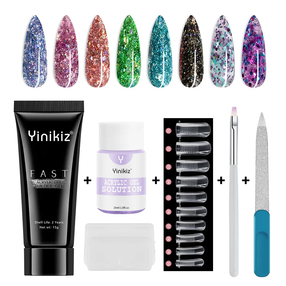 Yinikiz Acrylic Gel Set 12 Colors Fast Uv Builder Quick Dry Nail Art Tools Manicure Brush Poly Extension Tool Kit | Красота и