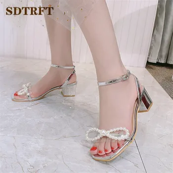 

SDTRFT Stiletto Ladies transparent Sandals Pearl Bow-Knot shoes woman 5cm Med High Thick heels zapatos mujer Crossdresser Pumps