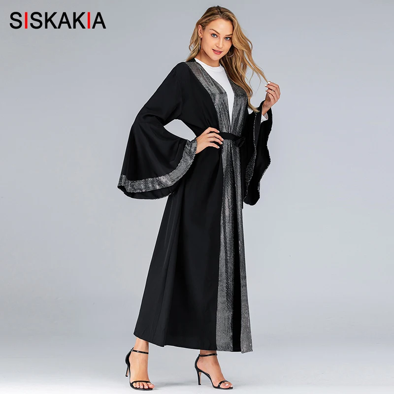 Siskakia/кимоно с пайетками в стиле пэчворк, с открытым носком, abaya, Дубай, вечерние платья, Черные Кафтаны и Джаба, с расклешенными рукавами, новинка