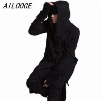 

AILOOGE 2017 European American Avant-garde Long Style Hooded Trench Mens Black Rope Buckle Outwear Men's Brand Clothing