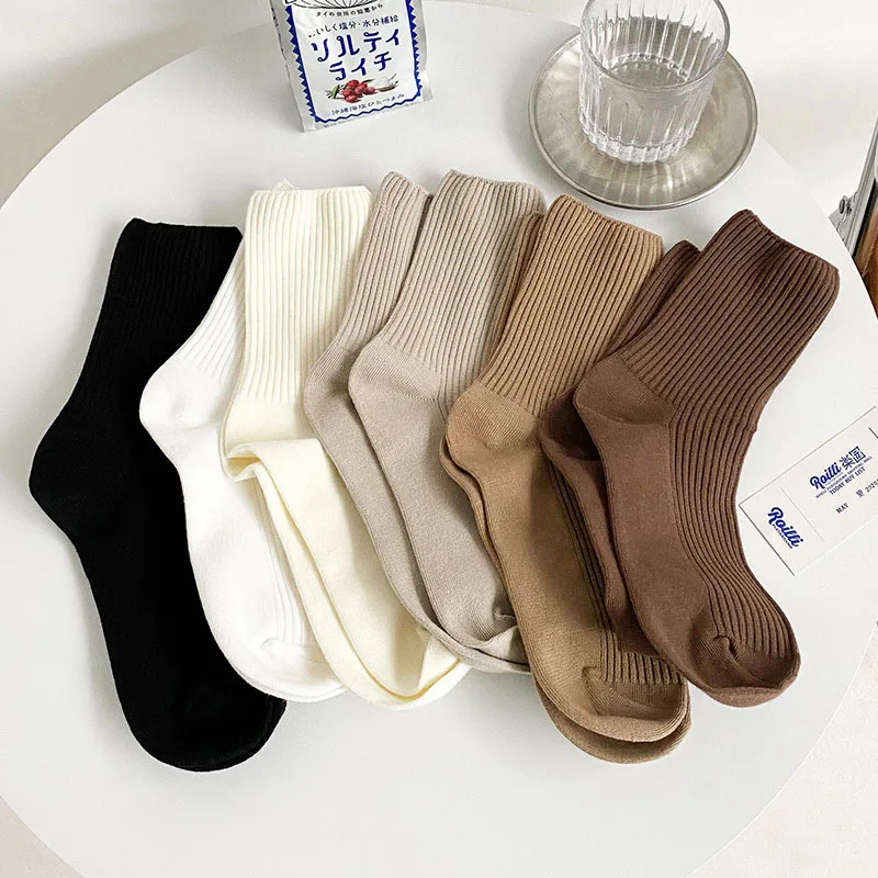 

3pairs/lot Women Cotton Double Needle Vertical Strip Middle Tube Socks Autumn носок Winter Male Socks Girl Fashion Socks носок