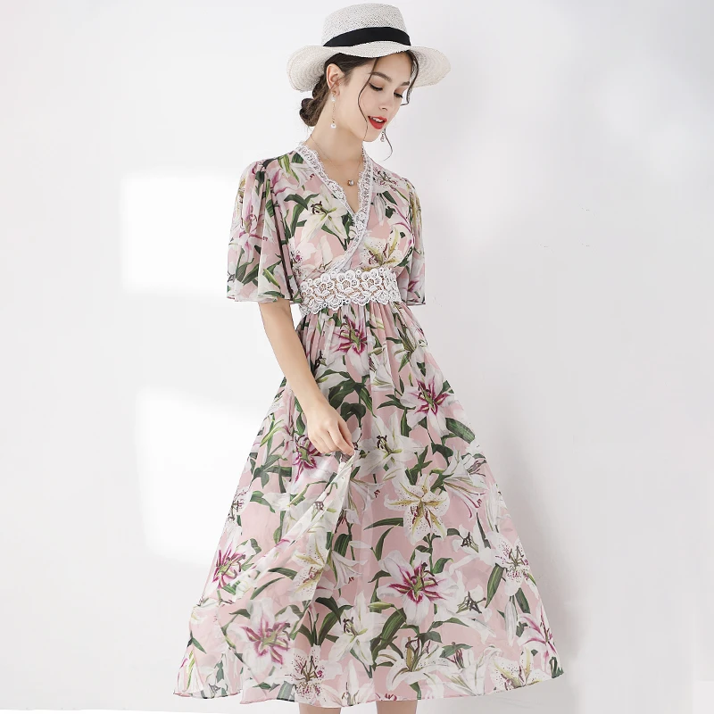 VERDEJULIAY Подиум женское летнее платье роскошное Boho Lily цветочный принт миди платье с расклешенными рукавами кружевное тонкое длинное платье Vestidos