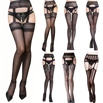 

Fashion Sexy Lace Stockings for Women Thigh High Fishnet Nylon Long Stocking Embroidery Transparent Crotchless Erotic Lingerie