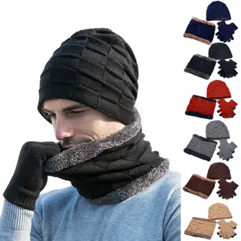 

3Pcs Men Women Beanie Hat + Gloves + Scarf Neck Warmer Winter Knit Sets Fashion