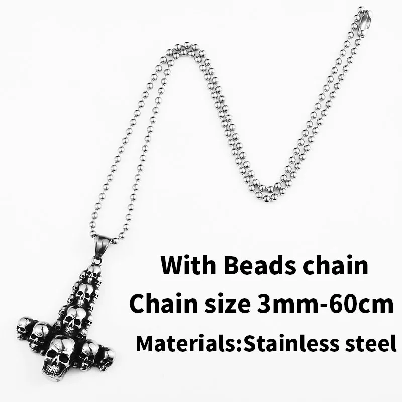 with bead chain Стальной солдат Панк Крест и череп собрать цепочка с подвеской Байкер из нержавеющей стали рок мужские ювелирные изделия - Окраска металла: with bead chain