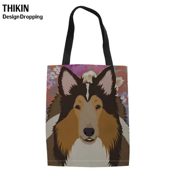

THIKIN Women Rough Collie Printing Reusable Shopping Bags Foldable Ladies Canvas Tote Shopper Bag Females Grocery Eco Storage