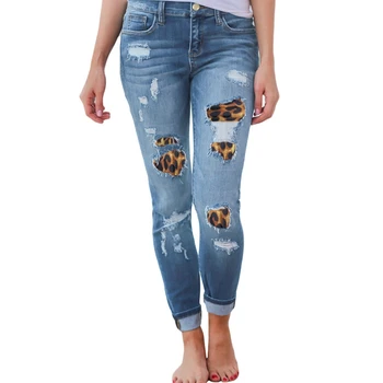 

Women Plus Size High Waist Skinny Jeans Solid Leopard Patchwork Irregular Ribbed Holes Pencil Pant Stretch Slim Trouser