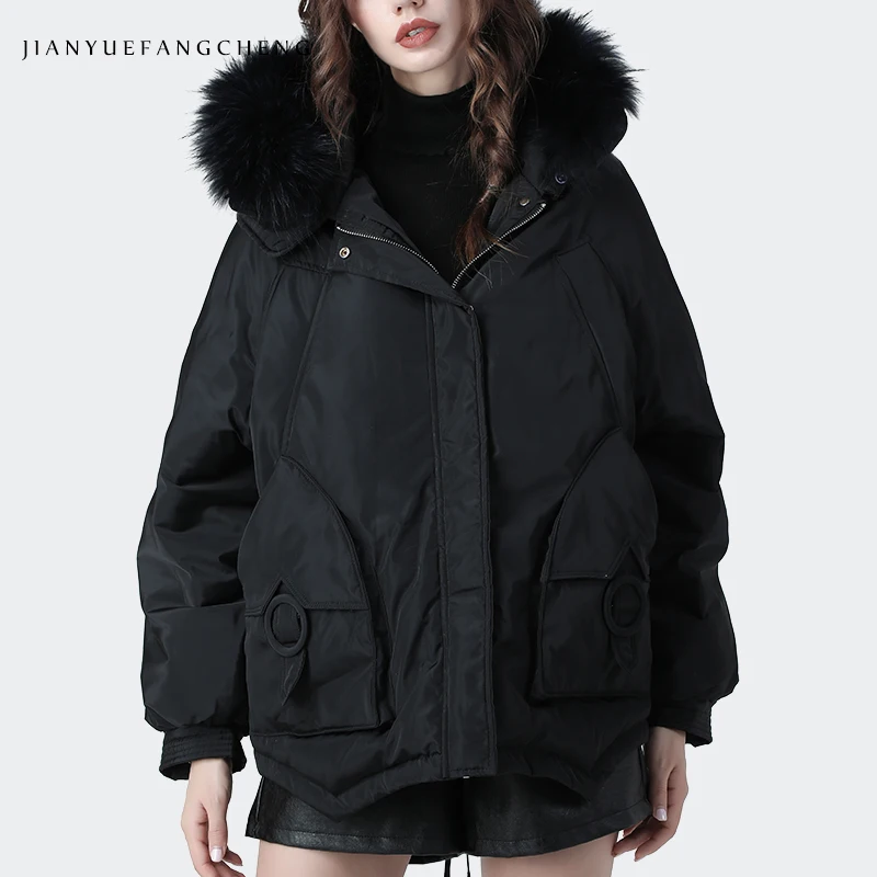 Black Женские пуховики больших размеров, теплые плотные длинные белые пуховые пальто свободного кроя, модные женские зимние пуховики с капюшоном - Цвет: Black