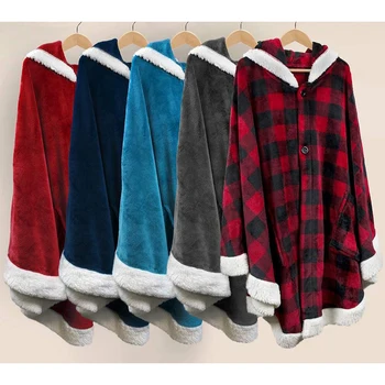 

Soft Plaid Blanket Cloak Winter Warm Plush Wearable Hooded Microfiber Blanket Lazy Fleece Hoodie Double Pocket TV Sofa Blanket