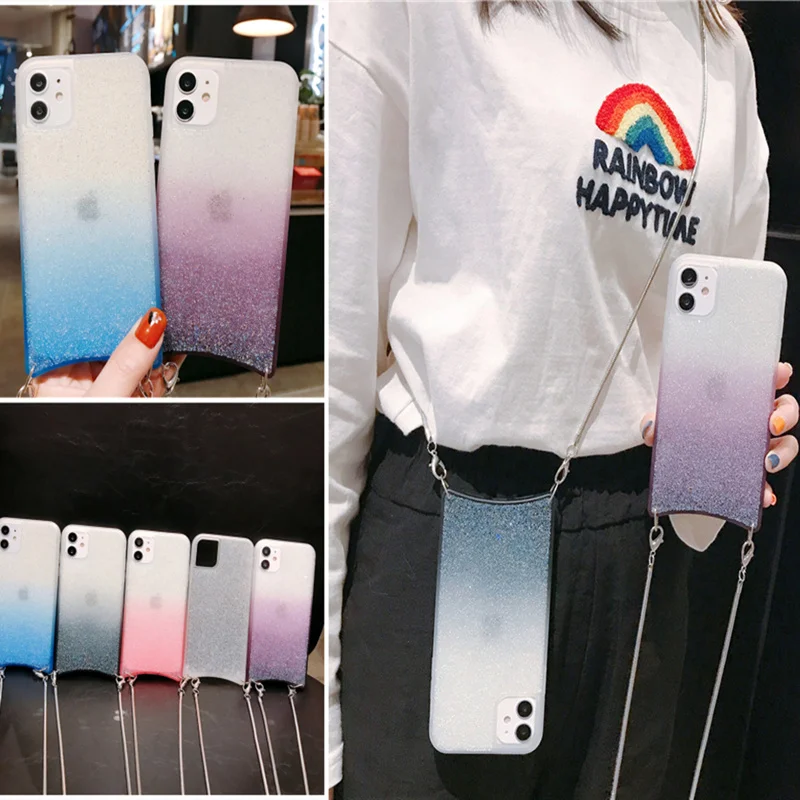 

Bling Sparkle case For iphone 11 pro MAX XS MAX XR X 6S 6 7 8 plus Crossbody Gradient Glitter Colorful long chain Phone Cover