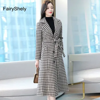 

FairyShely Vintage Woolen Coat 2020 Women Autumn Winter New Plaid Plus Size Coat Female Long Section Coat Office Lady Elegant
