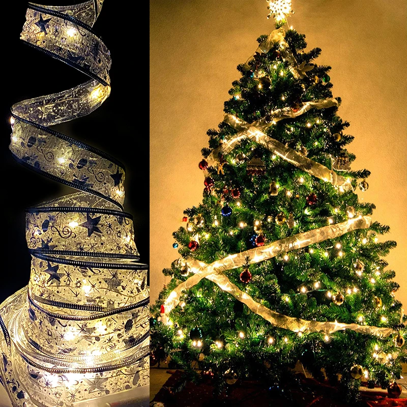 4M Christmas Tree Ribbon LED Christmas Bow Fairy String Lights For Home Room Xmas New Year Party Ornament DIY Gift Packing Decor