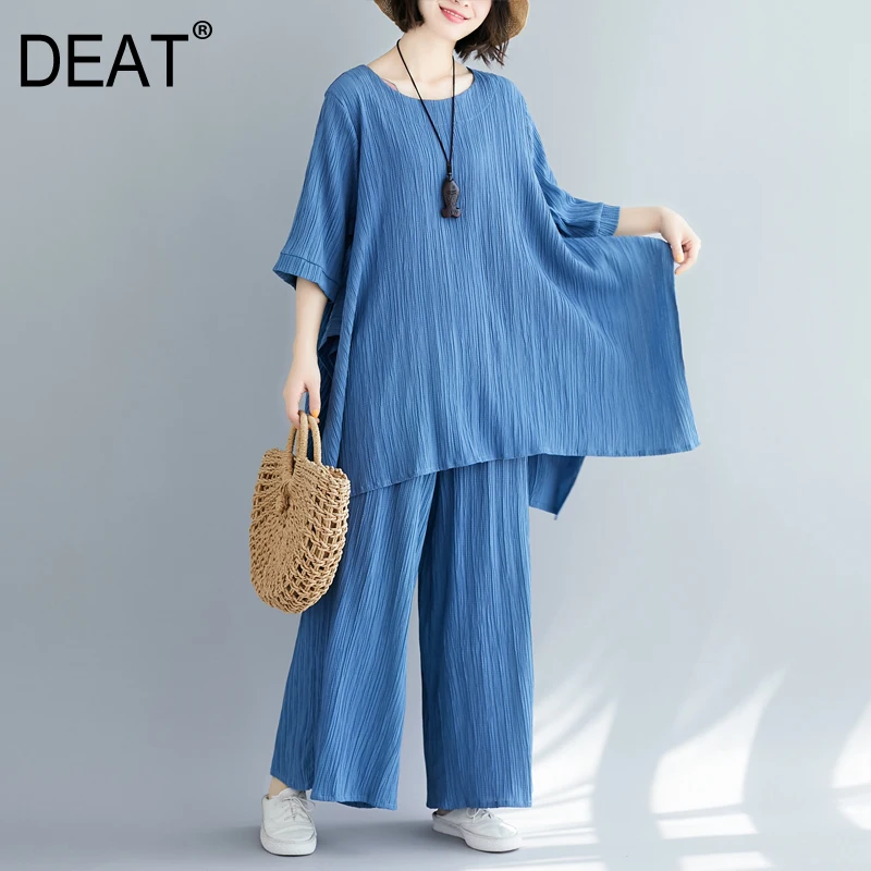 

[DEAT] Wide Leg Pants Two Piece Suit New Round Neck Half Sleeve Wide Leg Pants Loose Two Piece Suit Women Fashion Tide JZ539