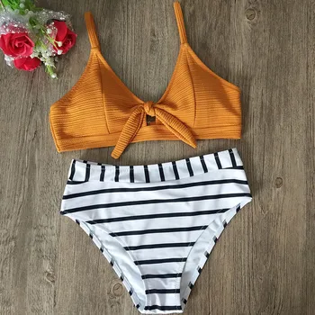 

High Waist Bikini Set 2020 Women Sexy Solid Stripe Split Bikini Backless Swimwear Swimsuit Two Piece Suit Biquini Plus Size XXL