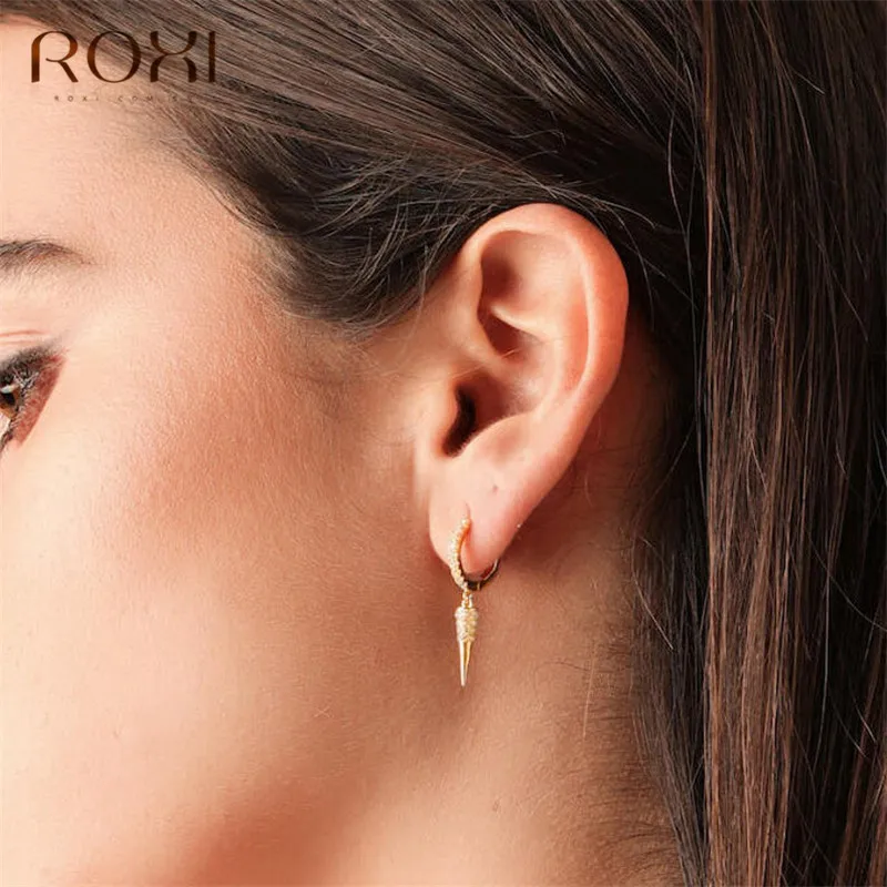 ROXI, модная висячая серьга в виде кольца CZ, изысканная Золотая расцветка, маленькие серьги Huggie, геометрические Изящные мини-серьги в стиле панк