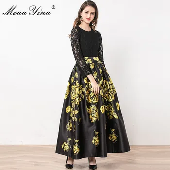 

MoaaYina Fashion Designer Dress Summer Women Long sleeve Lace Patchwork Floral-Print Ball Gown Elegant Dress