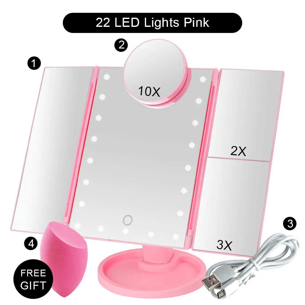 PK 22 Light Set D Сенсорный экран 22 светодиодный светильник зеркало для макияжа с косметическим увеличением 1x/2X/3X/10X гибкое зеркало косметическое регулируемое двойное питание - Цвет: PK 22 Light Set D