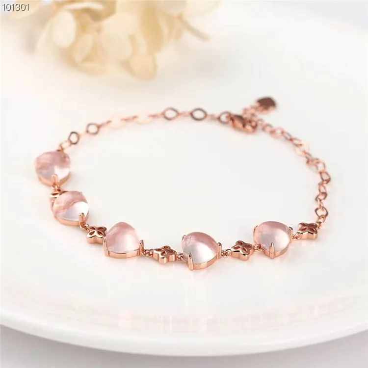 

Love Gemstone Fashion Crystal Quartz Stone Jewelry 925 Silver Plated 18K Gold Natural Pink Crystal Bracelets 8mm
