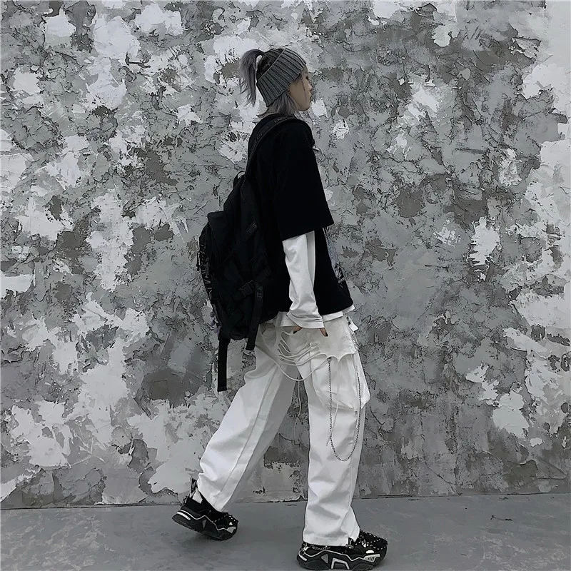 Lychee, Harajuku, одноцветные женские штаны с цепочкой, свободные, с карманами, на молнии, с эластичной талией, женские брюки, повседневные, весна-осень, женские штаны