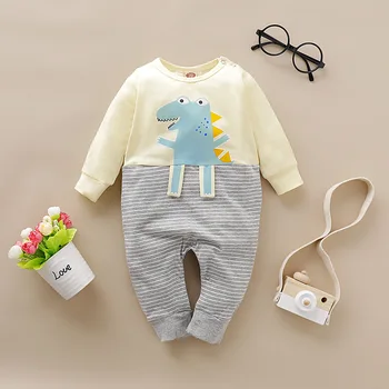 

2019 Baby Long Sleeve bodysuits newborn boy Girls Cartoon Dinosaur Striped Romper Jumpsuit first birthday outfit boy