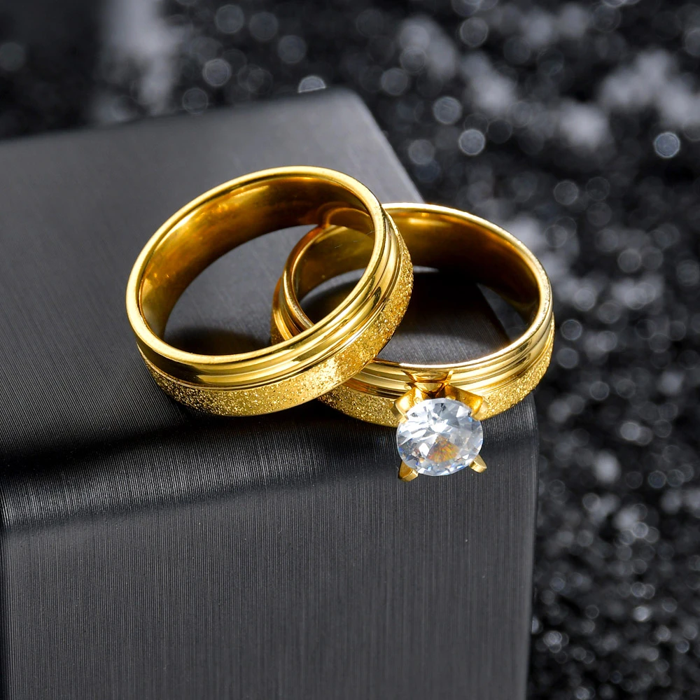 Anillo de sencillo acero inoxidable para hombre y mujer, conjuntos de anillos de compromiso clásicos, dorado, nunca se decolora|Anillos| AliExpress