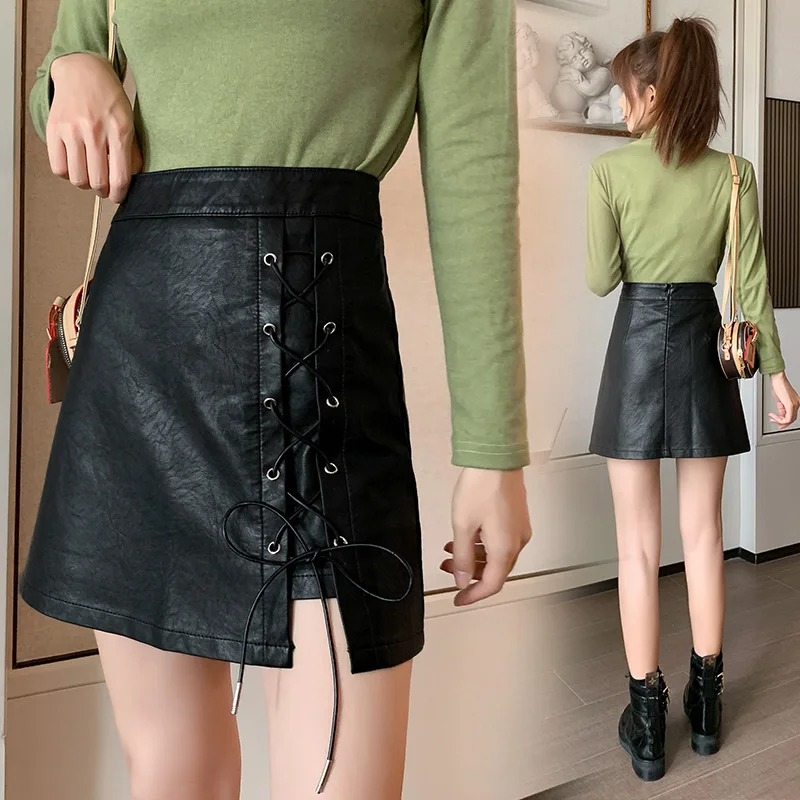 

Sutimine 2020 New Women Leather Short Skirt Chic A Line Sexy Midi Skirts High Waist Bodycon Slimming Bandage Draw the Rope Skirt