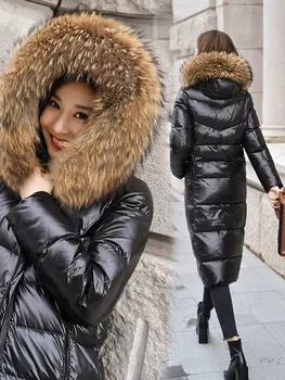 

Womens Long Parka White Down Slim Thick Hooded Real Fur Collar Winter Coat Warm Hot Parkas Knee Full Length Oversize-6XL