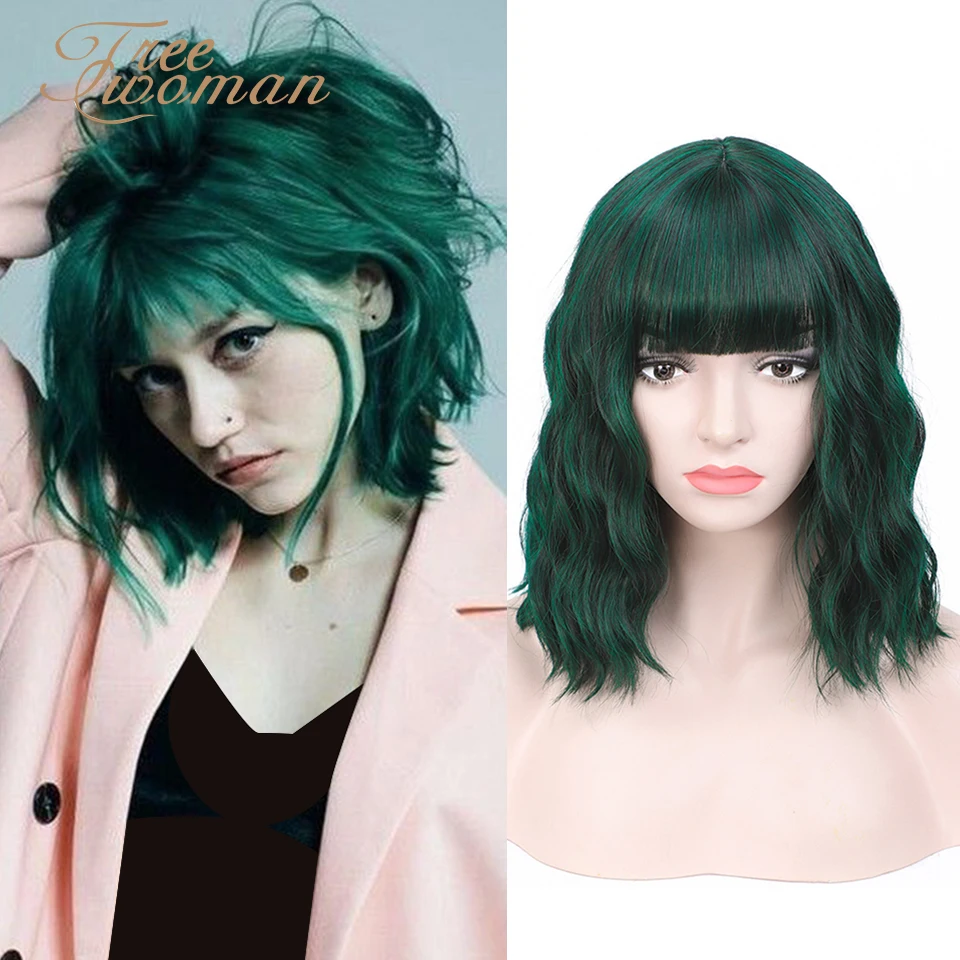 

FREEWOMAN Green Lolita Short Wigs With Bangs Water Wave Synthetic Wig Heat Resistant Hair Women's Wigs Cosplay Wigs For Women