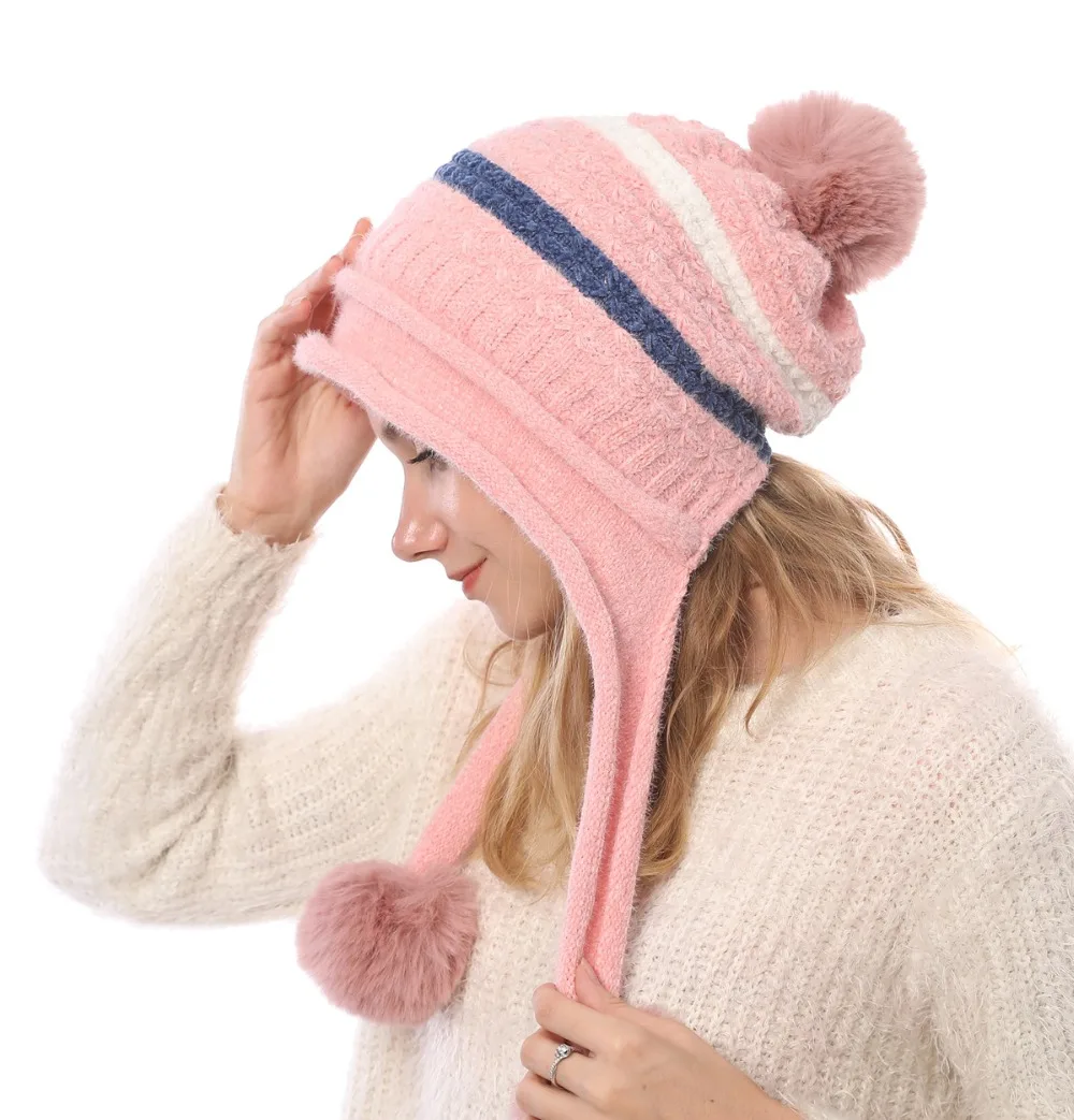 Зимние шапки для женщин, Шапка-бини Skullies Bonnets для девочек, зимняя однотонная Вязаная Шапка-бини с помпоном, теплая шапка invierno тюрбан