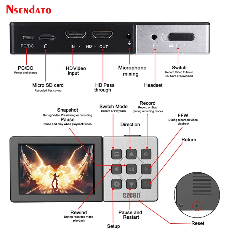 Ezcap273 HD Game capture card Box 1080P 60fps for Micro SD Card 3.5 inch color screenplayback HD video Grabber capture Recording